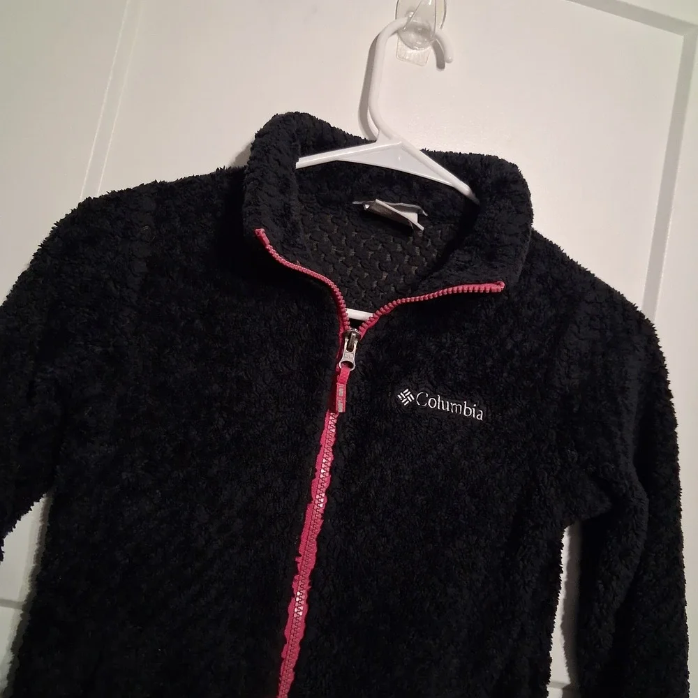 Columbia Fleece Jacket Girls S 7/8 Black Pink Zip Sherpa Warm Winter Outerwear